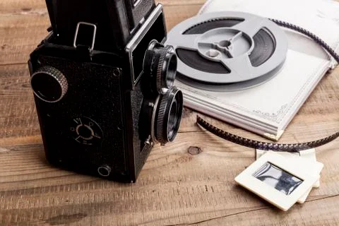 Camera on Wood Table Stock Photos