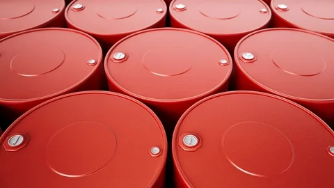 Camera zoom out of endless stack of red metal oil barrels. 動画素材 123705507