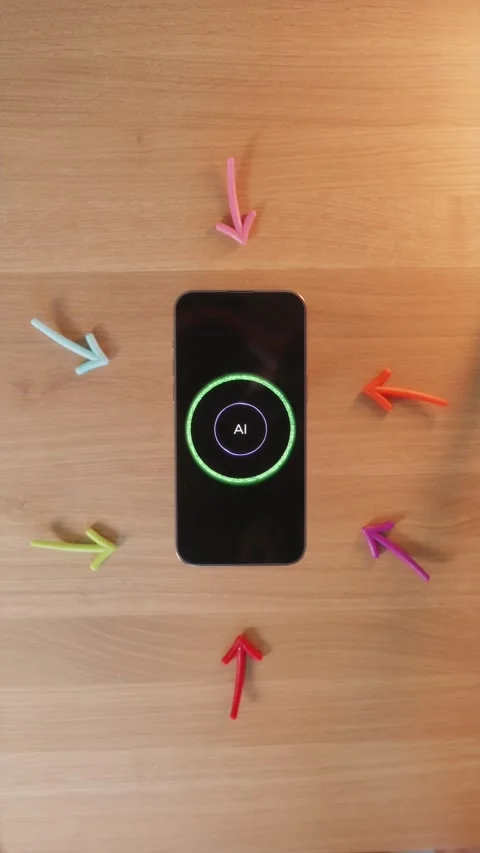 Camera zoom out from smartphone running AI assistant with pointing arrows Stock Footage 346834760