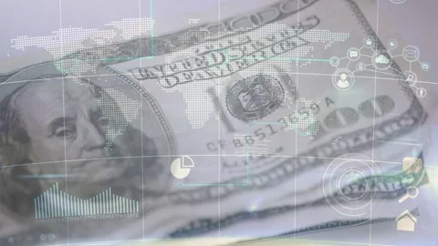 Camera zoom revealing stack of US 100-dollar bills filling frame, HUD overlay Stock Footage 328656804
