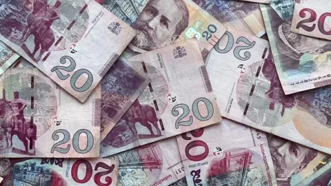 Camera zoom. Twenty lari top view. Red paper bill. 20 GEL of Georgia Stock Footage 263687167