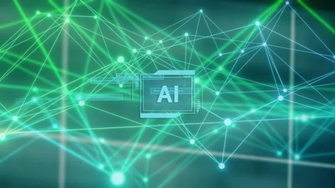 Camera zooming and centering AI chip, starting network filling, nodes moving, Stock Footage 334351839