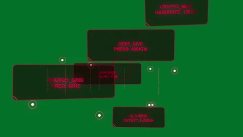 Camera zooming and panning neon HUD focusing DEEP_DIVE to monitor NANOBOT COUNT Stock Footage 329503349