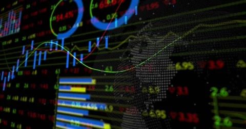 Camera zooming causing market wall animating bars moving trends crossing globe Vidéo 328577170