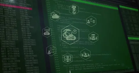 Camera zooming, central globe cloud hexagon brightening, hex icons drifting to Stock Footage 326994439