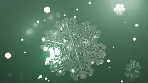 Camera zooming, crystal snowflake rotating and scaling on green backdrop showing Stock Footage 339194207