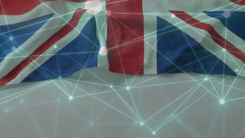 Camera zooming, draped Union Jack shifting while teal network nodes pulsing, Stock Footage 335761791