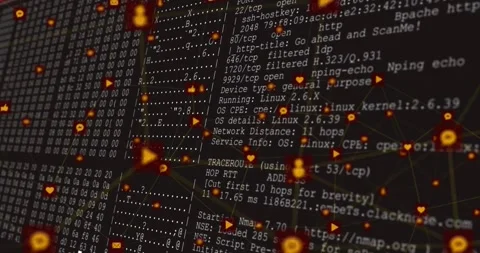 Camera zooming, network mesh revealing console output while nodes pulsing, Stock Footage 333902762