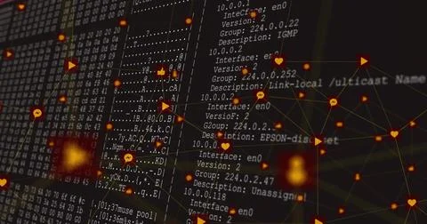 Camera zooming, network mesh revealing console output while nodes pulsing, 库存插图