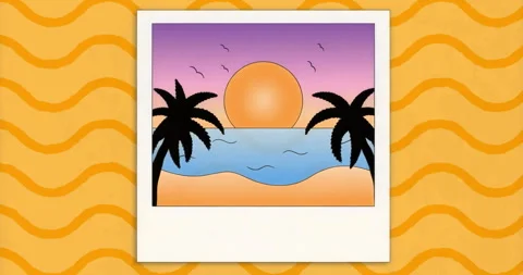 Camera zooming out causing Polaroid shrinking and revealing beach sunset on wavy Stock Footage 315520414