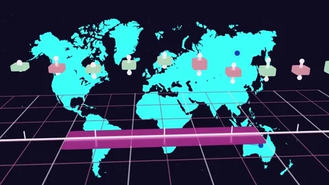 Camera zooming out, cyan map showing nodes, markers forming and lines linking Stock Footage 335637253