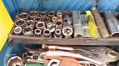 Camera Zooming Out from Fully Equipped Mechanic Tool Box Video stock 333961541