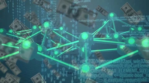Camera zooming out teal net rotating globe emerging cash drifting code rising Stock Footage 328684930