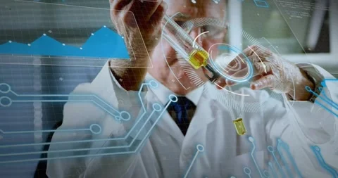 Camera zooming scientist in lab coat at bench with vials pipetting yellow liquid Video stock 331125318