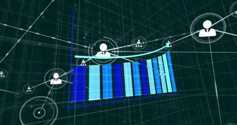 Camera zooming showing main user node with 3D bar chart, bars growing, nodes Vidéo 331820339