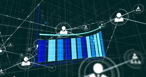 Camera zooming showing main user node with 3D bar chart, bars growing, nodes イラスト素材