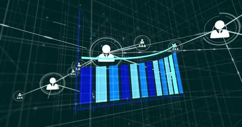 Camera zooming showing main user node with 3D bar chart, bars growing, nodes イラスト素材