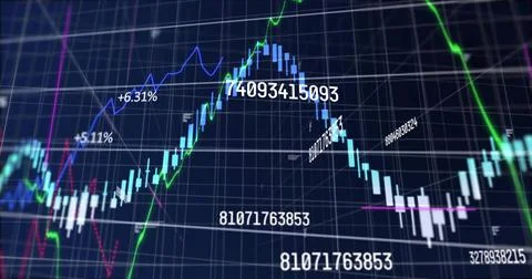 Camera zooming starting candles chart rising left, trend lines rising then Stock Illustration