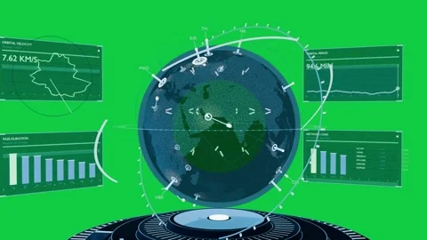 Camera zooming starting LEO HUD expanding orbits spinning panels updating data Stock Footage 341869585