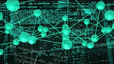 Camera zooming, teal node network rearranging to reveal technology data flow Stock Footage 330462293