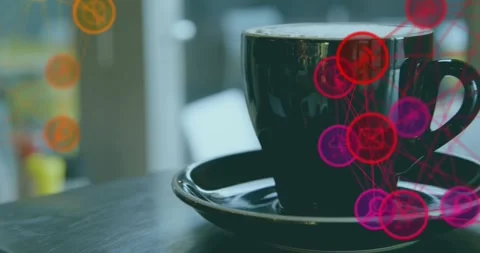 Camera zooming toward cup and saucer on table, magenta web growing and pulsing Stock Footage 318545783