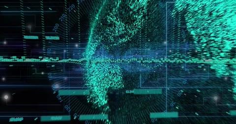 Camera zooming, turquoise point cloud globe moving center, particles flowing Stock Footage 320916145