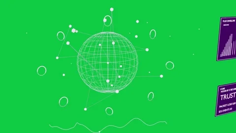 Camera zooming in wire mesh globe rotating, rings orbiting, nodes growing for 動画素材 337506399