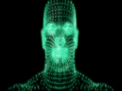 Camera zooms out from head of glowing green man Stock Footage 69547393