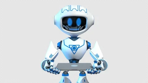 Camera zooms in on a small white robot seen from the front, holding a laptop Stock Footage 346730140