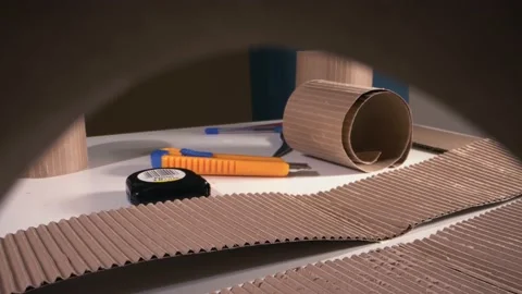 The camera zooms in on a table with tools and cardboard. Stock Footage 142932087