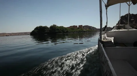 Cameraboat with view of Philae Temple, Aswan, Egypt Stock Footage 34822533