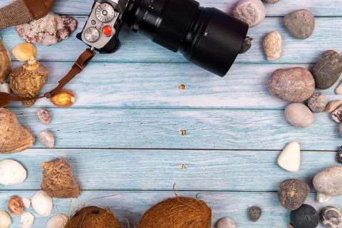 Camera,coconuts and shells on a blue wooden background.Marine theme Foto stock
