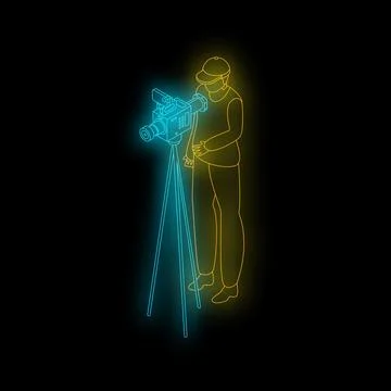 Cameraman operating professional video camera on tripod in neon style Stock Illustration