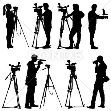 Cameraman with video camera. silhouettes on white background. vector illustra Stock Illustration