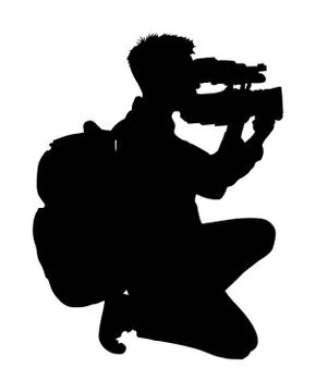 Cameraman with video camera on sport event vector silhouette Stock Illustration