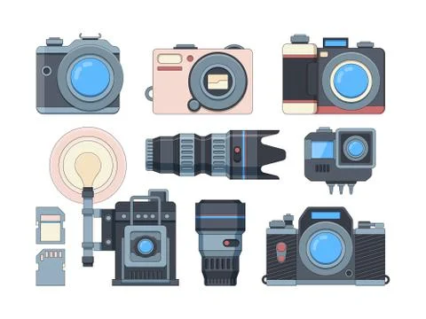 Cameras and memory cards flat illustrations set Stock-Illustration