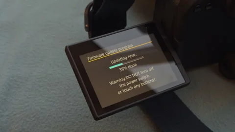 The cameras LCD screen is now displaying the update progress in real time at an Stock Footage 309017059