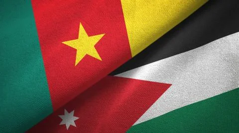Cameroon and Jordan two flags textile cloth, fabric texture Stock Illustration