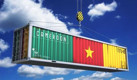 Cameroon - cargo container hanging on crane for international trade and log.. 库存插图