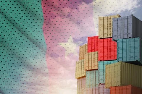 Cameroon flag and big stack of shipping cargo containers in docks with sky イラスト素材