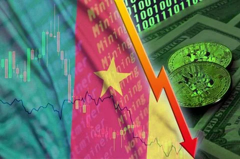 Cameroon flag and cryptocurrency falling trend with two bitcoins on dollar bi Foto stock
