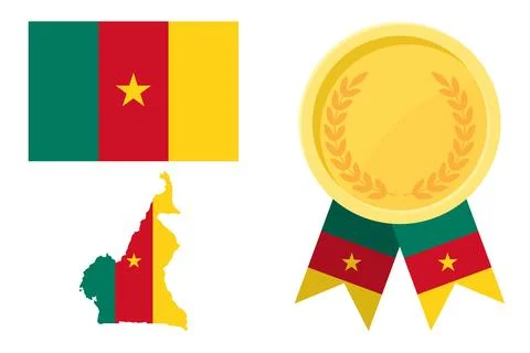 Cameroon flag with map and gold medal in set for web and banners or app and.. Stock Illustration
