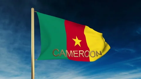 Cameroon flag slider style with title. Waving in the wind with cloud background Stock Footage 48876180