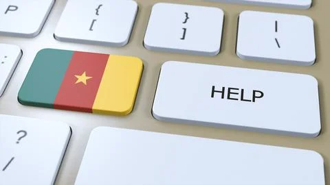 Cameroon Help Concept. 3D Illustration. Country Flag with Text on Button Stock Illustration