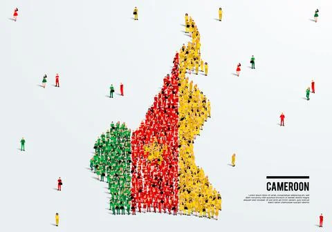Cameroon Map and Flag. A large group of people in the Cameroon flag color. 스톡 일러스트