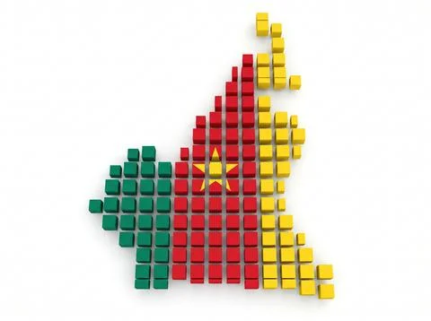 Cameroon map formed by green red yellow 3d pixel unit blocks. Ilustración de archivo