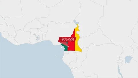 Cameroon map highlighted in Cameroon flag colors and pin of country capital Y Stock Footage 125782467
