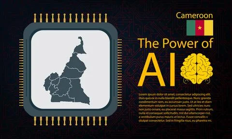 Cameroon map with microchip war and AI concept on circuit board, Power of A.. Ilustração Stock