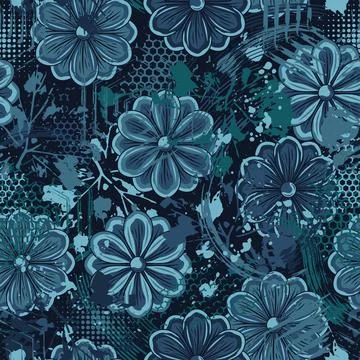 Camo blue pattern with chamomiles, paint splatter Stock Illustration