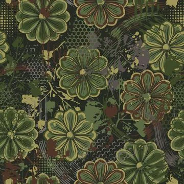 Camo green pattern with chamomiles, paint splatter Stock Illustration